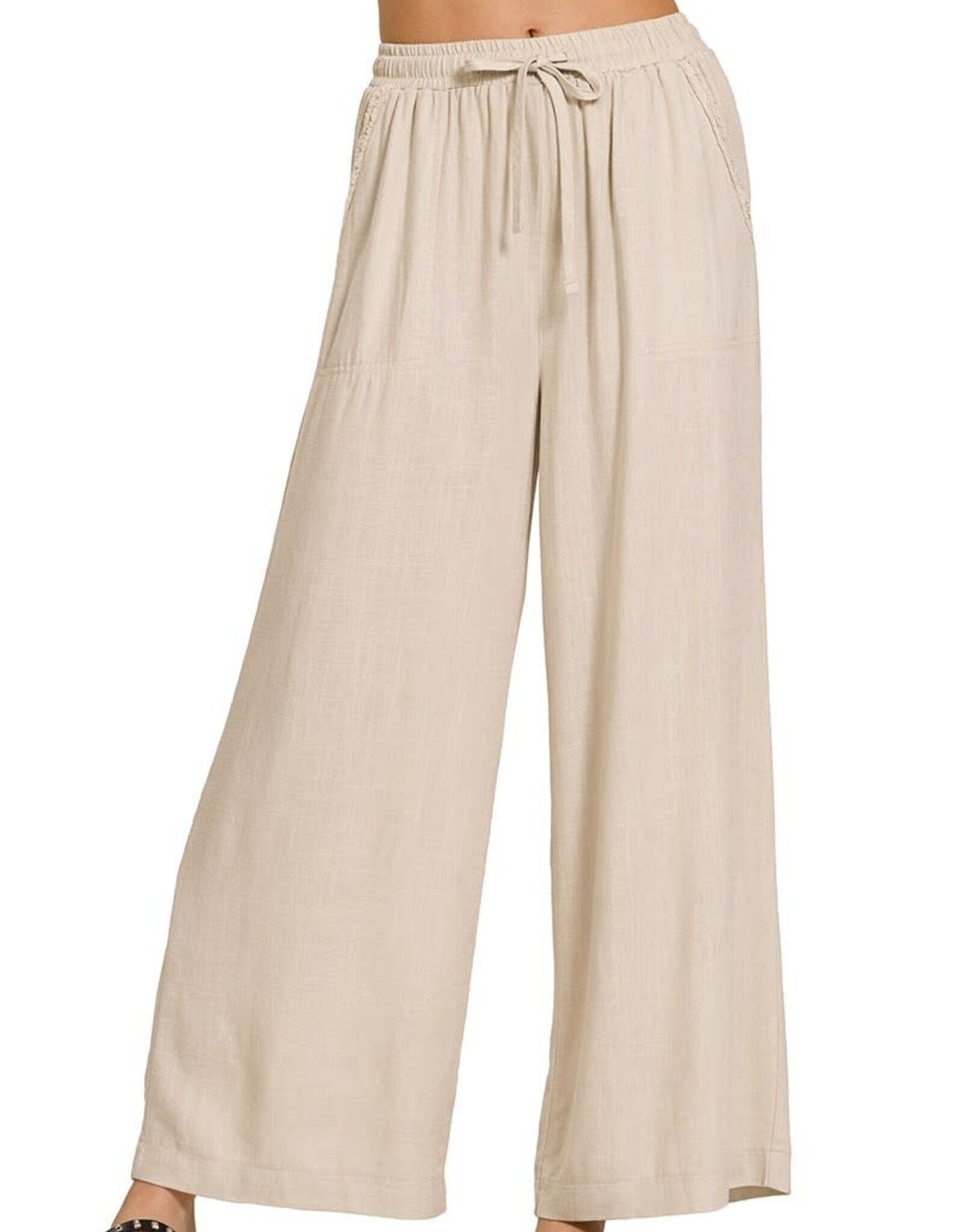 Miss Bliss Zen Wide-Leg Linen Blend Pants W Pockets-Sand Beige