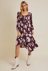 Miss Bliss Gili Scoop Neck Front Tie Detail Floral Dress-Wine