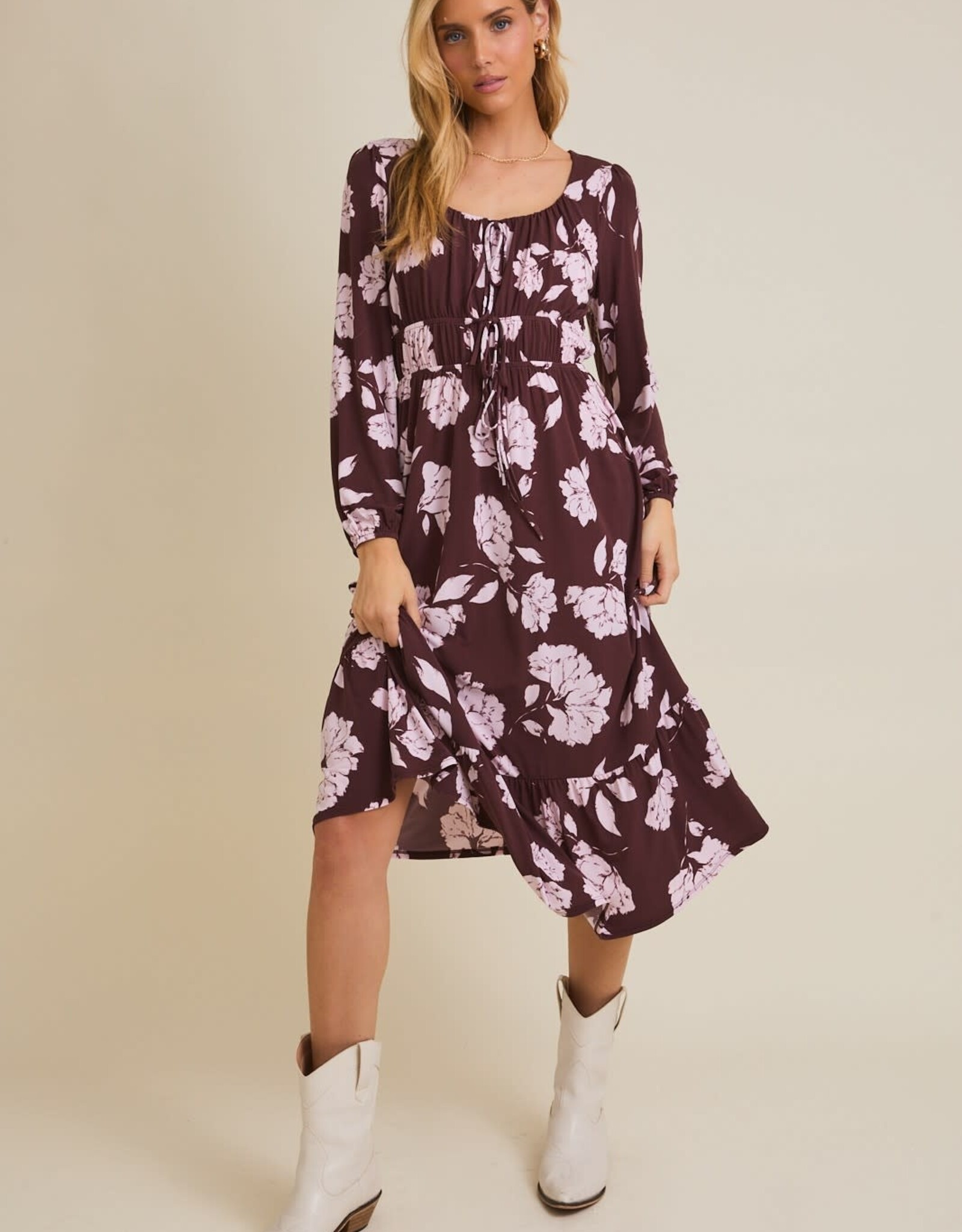 Miss Bliss Gili Scoop Neck Front Tie Detail Floral Dress-Wine