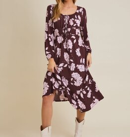 Miss Bliss Gili Scoop Neck Front Tie Detail Floral Dress-Wine