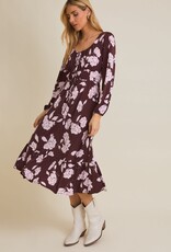 Miss Bliss Gili Scoop Neck Front Tie Detail Floral Dress-Wine