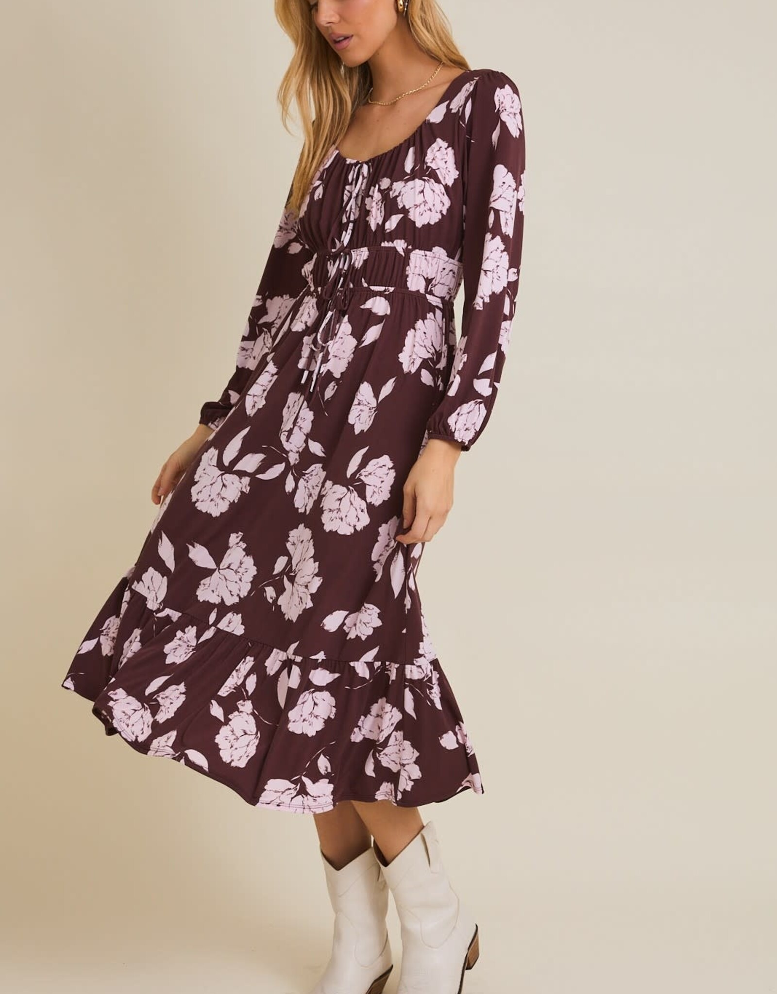 Miss Bliss Gili Scoop Neck Front Tie Detail Floral Dress-Wine