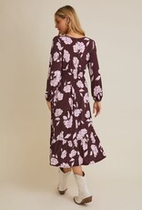 Miss Bliss Gili Scoop Neck Front Tie Detail Floral Dress-Wine