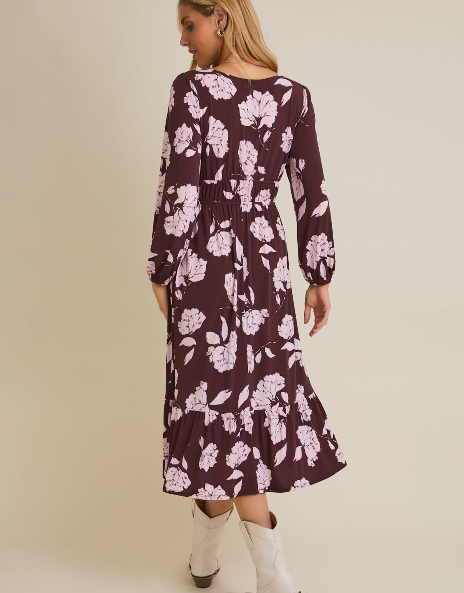 Miss Bliss Gili Scoop Neck Front Tie Detail Floral Dress-Wine
