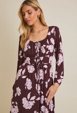 Miss Bliss Gili Scoop Neck Front Tie Detail Floral Dress-Wine