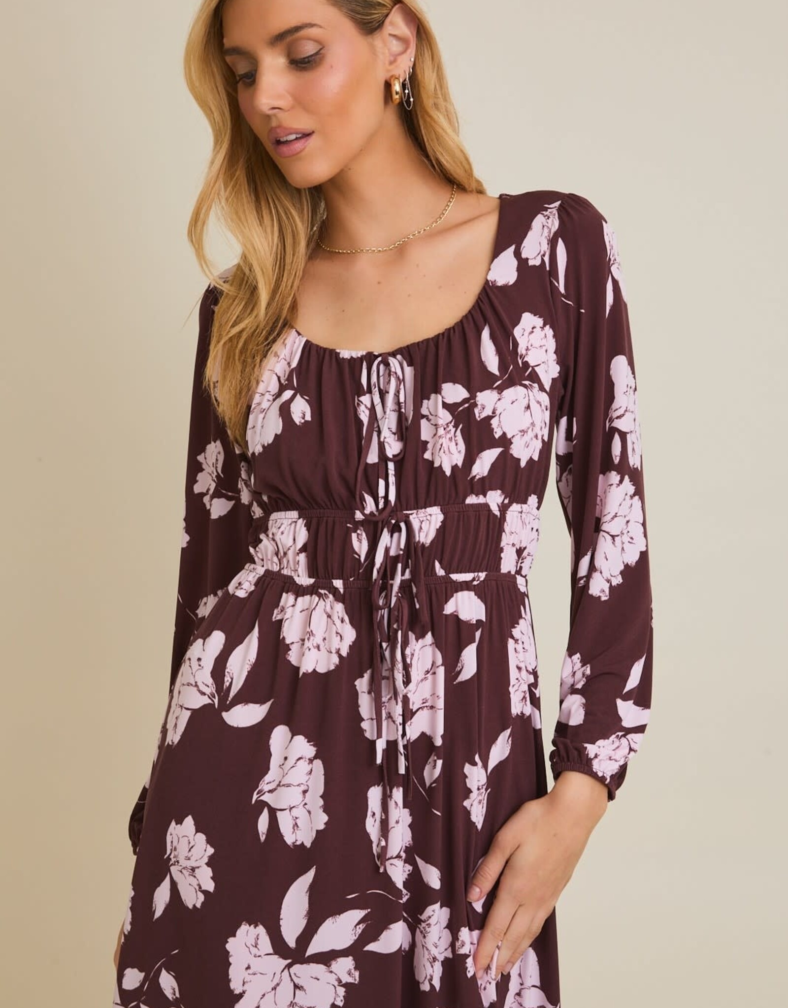 Miss Bliss Gili Scoop Neck Front Tie Detail Floral Dress-Wine