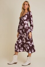 Miss Bliss Gili Scoop Neck Front Tie Detail Floral Dress-Wine