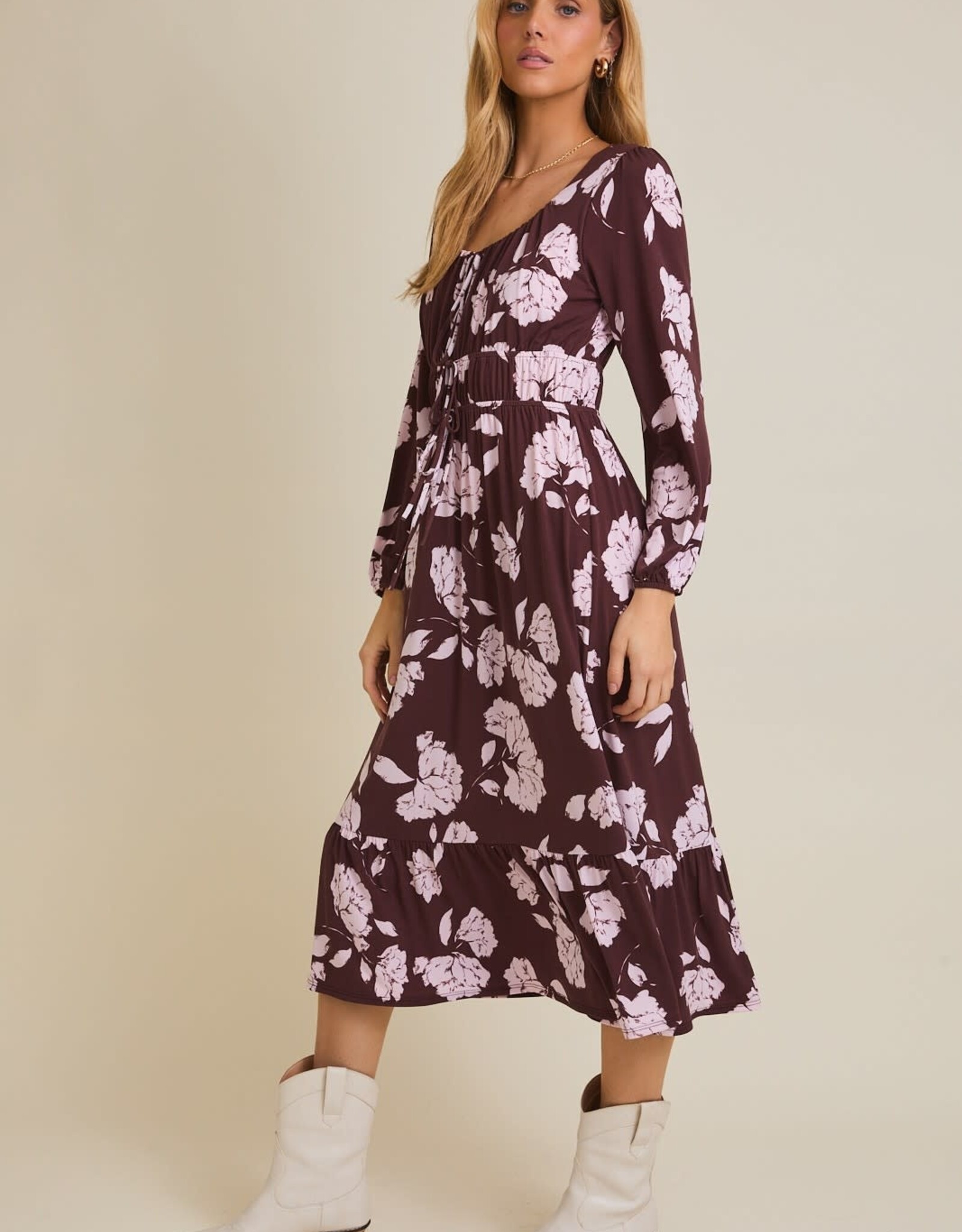 Miss Bliss Gili Scoop Neck Front Tie Detail Floral Dress-Wine