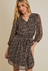Miss Bliss Gilli Ditsy Long Sleeve V-neck Shirring Dress-Black/Mustard