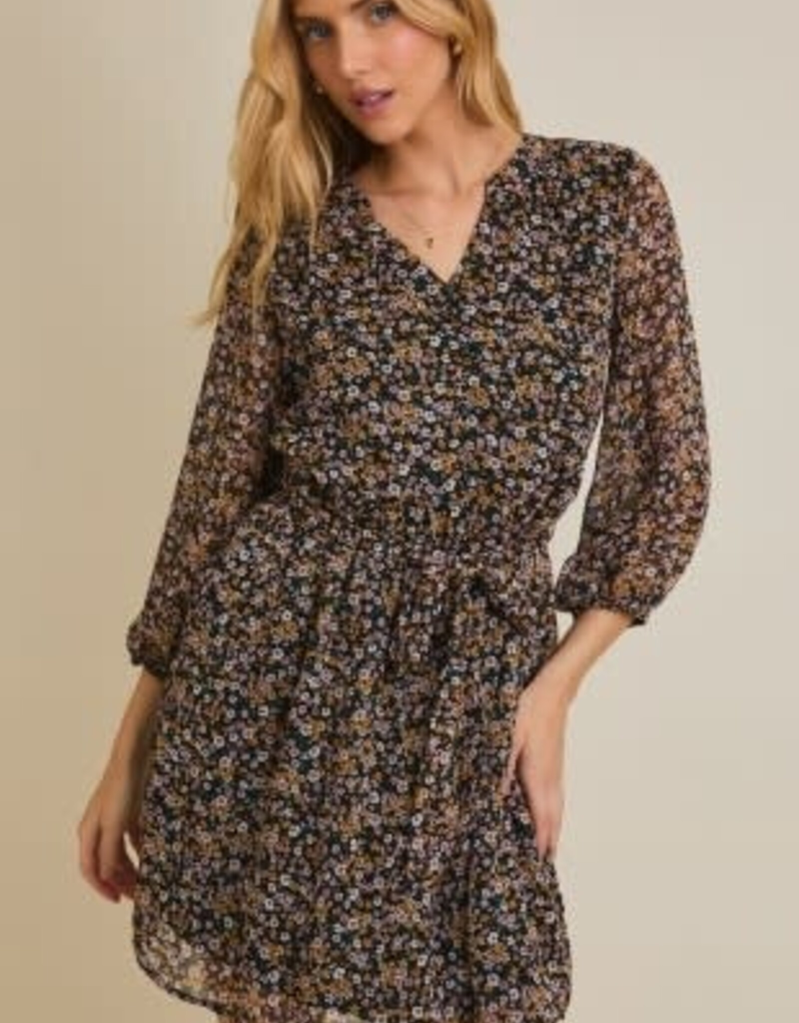 Miss Bliss Gilli Ditsy Long Sleeve V-neck Shirring Dress-Black/Mustard