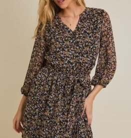 Miss Bliss Gilli Ditsy Long Sleeve V-neck Shirring Dress-Black/Mustard