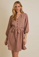 Miss Bliss Gilli Long Sleeve V-neck Button Down Dotted Dress-Mocha