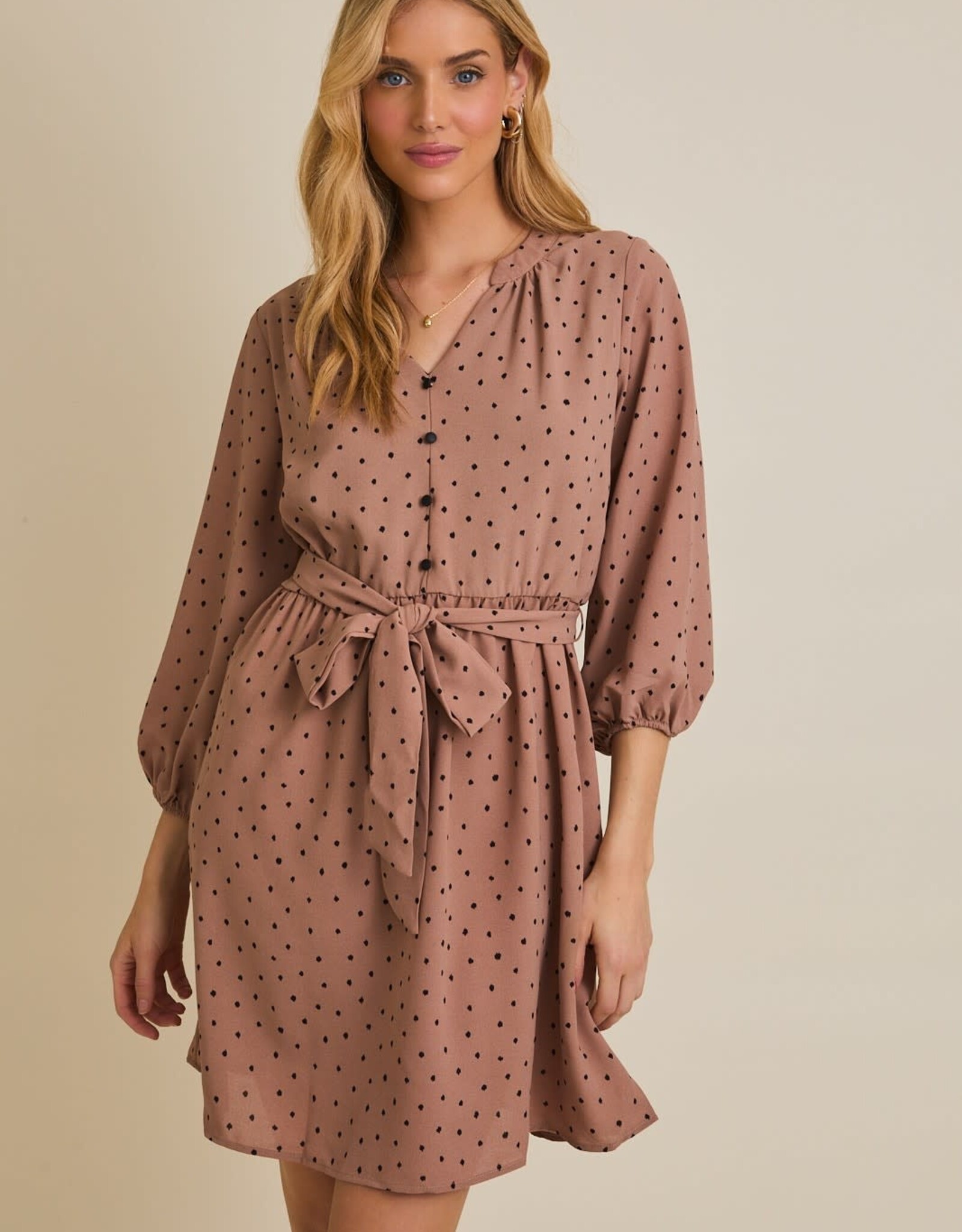 Miss Bliss Gilli Long Sleeve V-neck Button Down Dotted Dress-Mocha