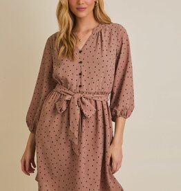 Miss Bliss Gilli Long Sleeve V-neck Button Down Dotted Dress-Mocha
