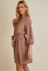 Miss Bliss Gilli Long Sleeve V-neck Button Down Dotted Dress-Mocha