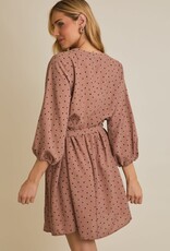 Miss Bliss Gilli Long Sleeve V-neck Button Down Dotted Dress-Mocha