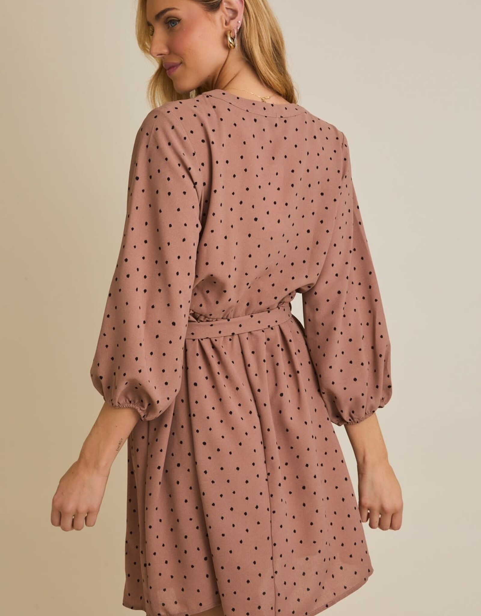Miss Bliss Gilli Long Sleeve V-neck Button Down Dotted Dress-Mocha