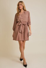 Miss Bliss Gilli Long Sleeve V-neck Button Down Dotted Dress-Mocha