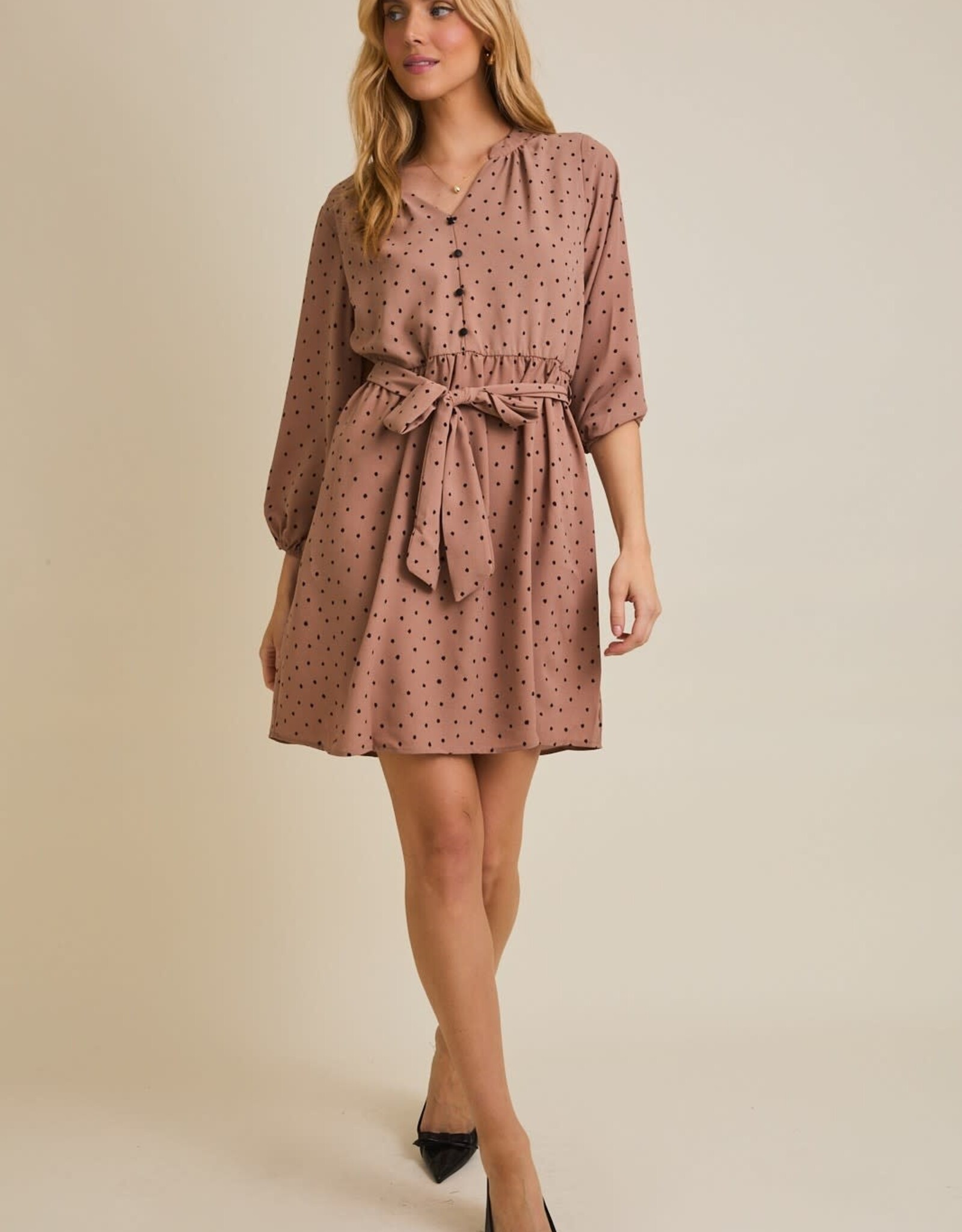 Miss Bliss Gilli Long Sleeve V-neck Button Down Dotted Dress-Mocha