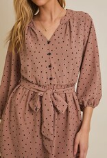 Miss Bliss Gilli Long Sleeve V-neck Button Down Dotted Dress-Mocha