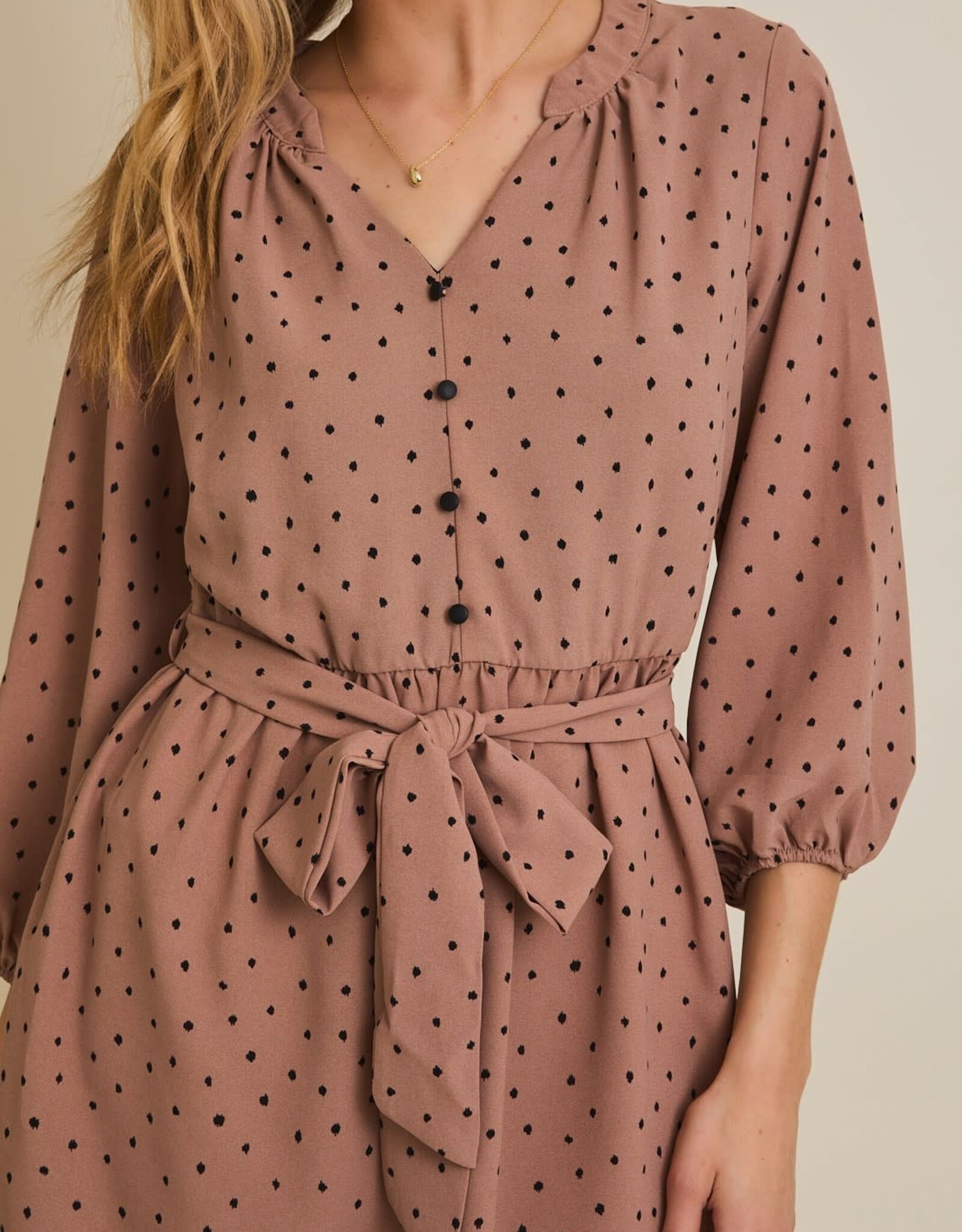 Miss Bliss Gilli Long Sleeve V-neck Button Down Dotted Dress-Mocha