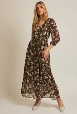 Miss Bliss Gilli Button Up Long Sleeve Waist Tie Maxi Dress-Olive/Ivory Floral