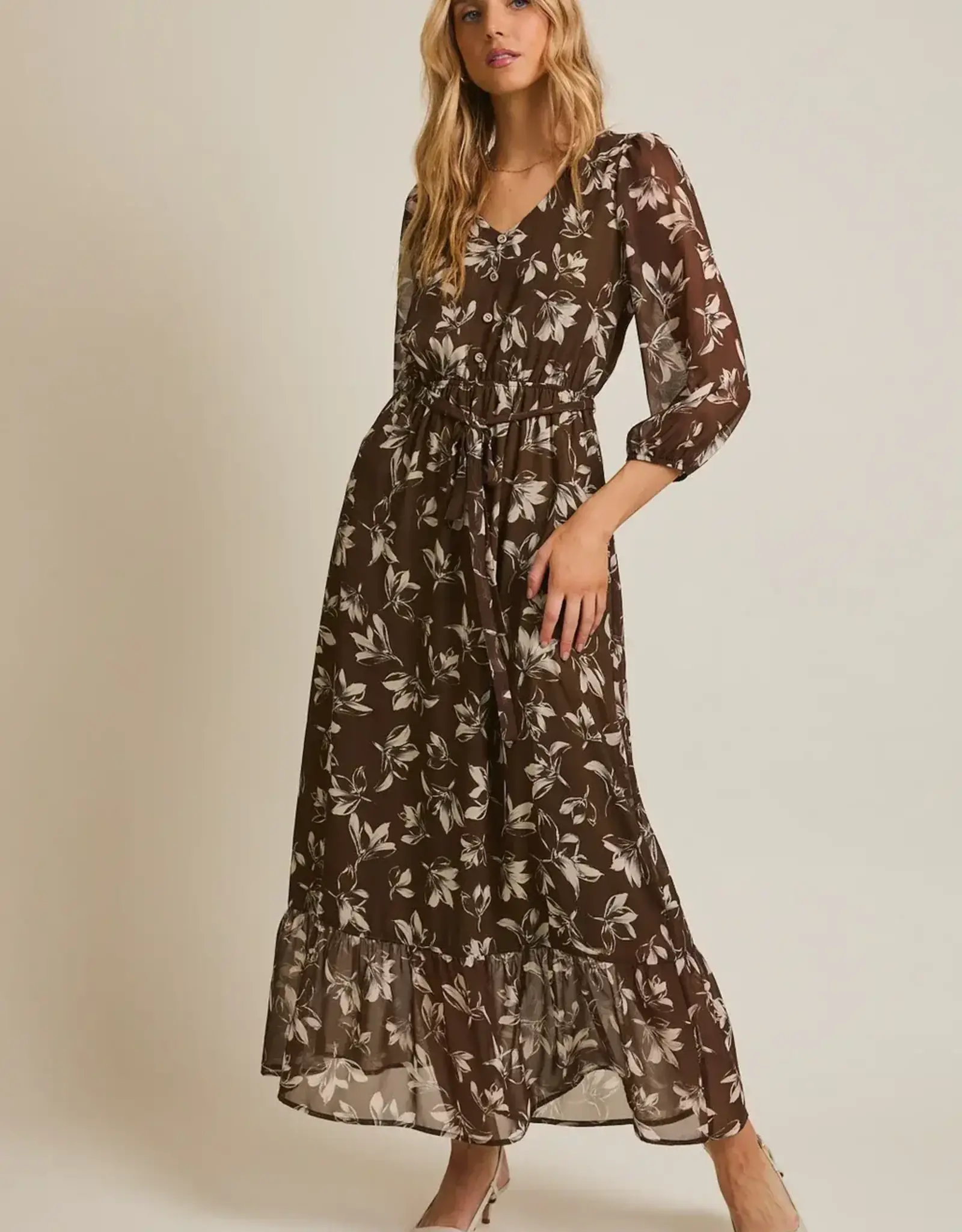 Miss Bliss Gilli Button Up Long Sleeve Waist Tie Maxi Dress-Olive/Ivory Floral