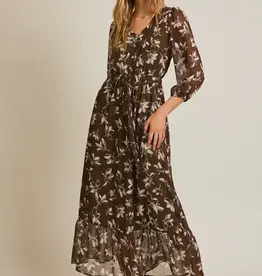Miss Bliss Gilli Button Up Long Sleeve Waist Tie Maxi Dress-Olive/Ivory Floral