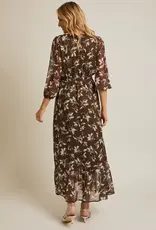 Miss Bliss Gilli Button Up Long Sleeve Waist Tie Maxi Dress-Olive/Ivory Floral
