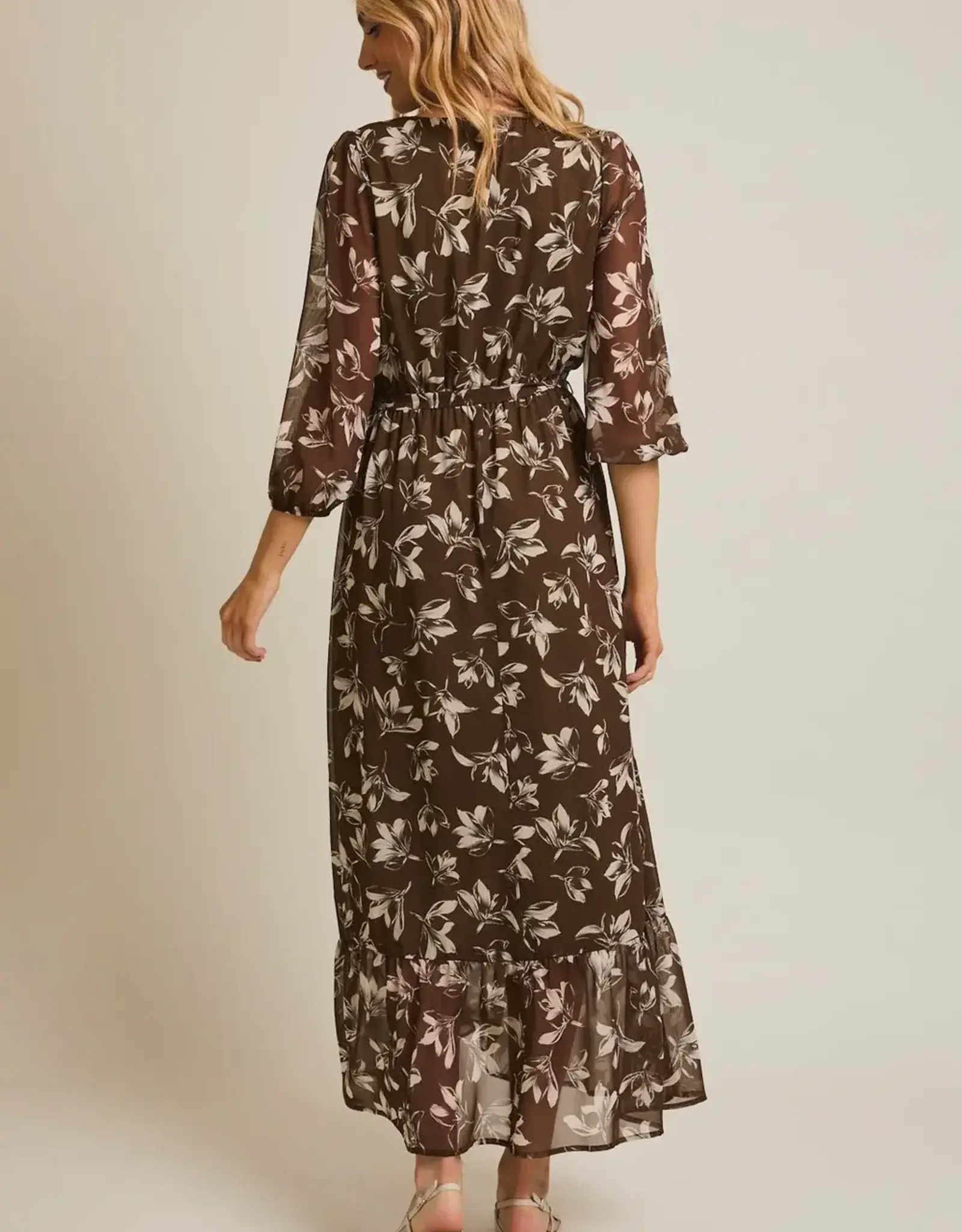Miss Bliss Gilli Button Up Long Sleeve Waist Tie Maxi Dress-Olive/Ivory Floral