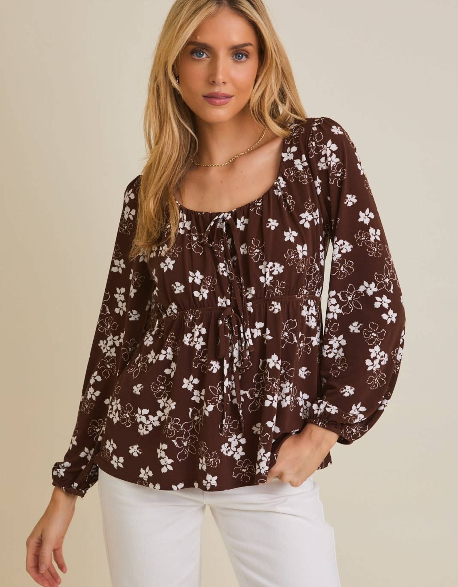 Miss Bliss Gilli Front Tie LS Floral Top-Brwn Crm Floral