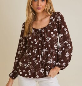 Miss Bliss Gilli Front Tie LS Floral Top-Brwn Crm Floral