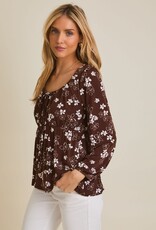 Miss Bliss Gilli Front Tie LS Floral Top-Brwn Crm Floral