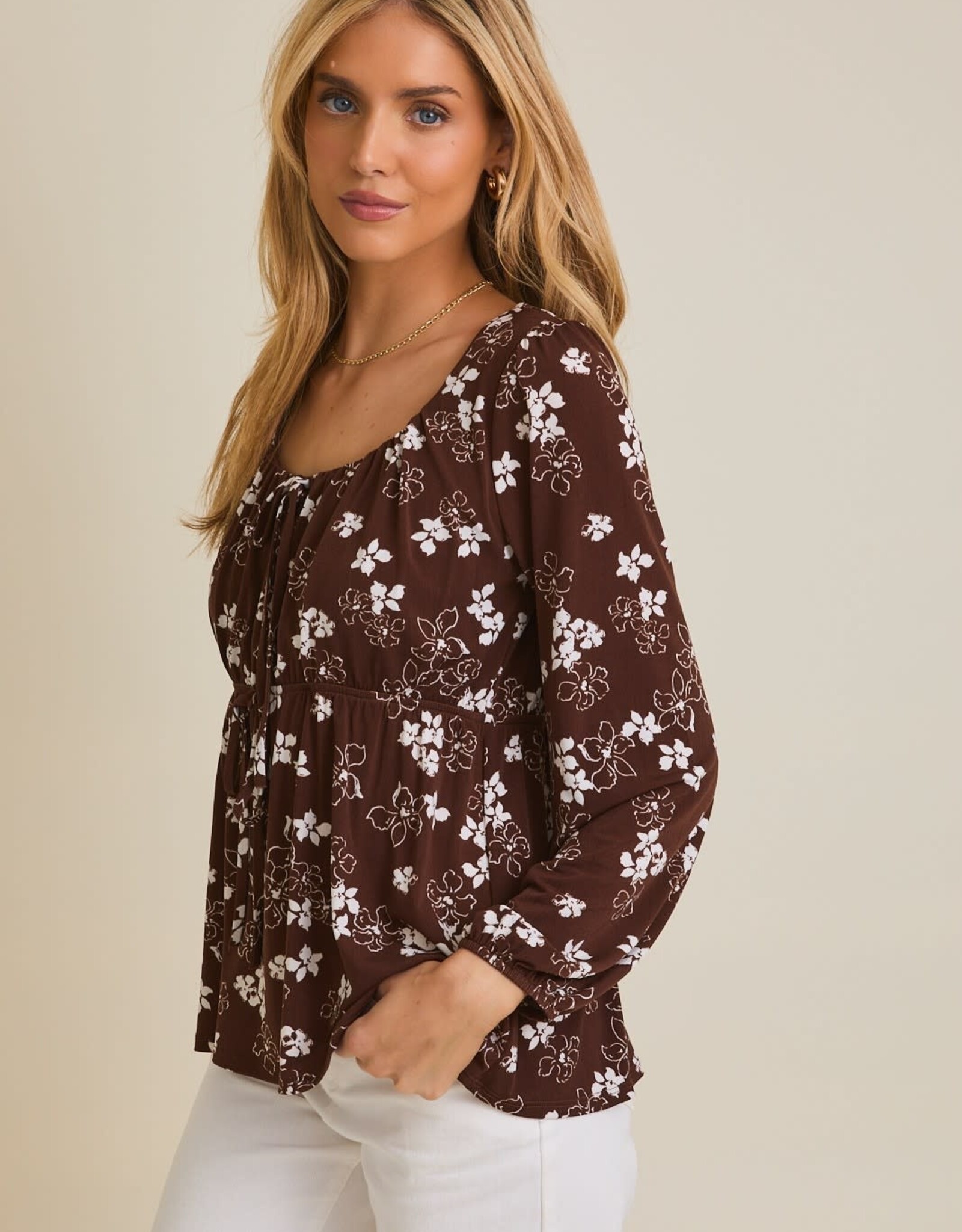 Miss Bliss Gilli Front Tie LS Floral Top-Brwn Crm Floral