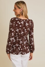 Miss Bliss Gilli Front Tie LS Floral Top-Brwn Crm Floral
