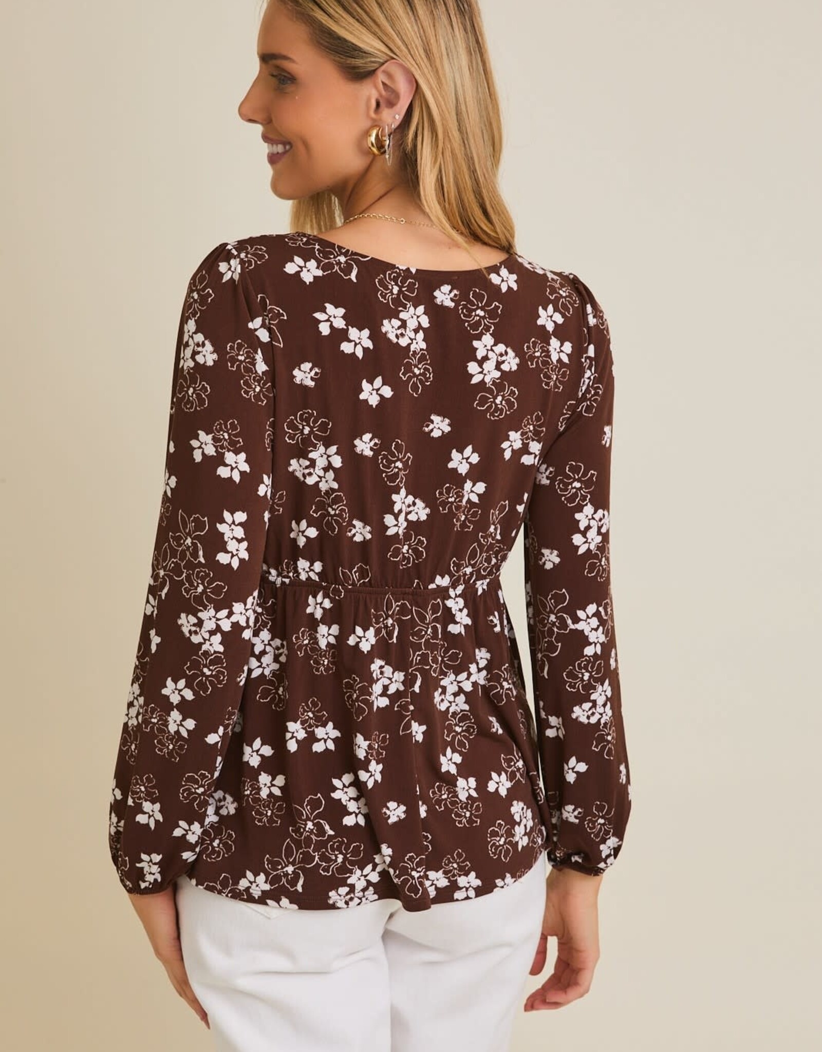 Miss Bliss Gilli Front Tie LS Floral Top-Brwn Crm Floral