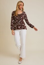 Miss Bliss Gilli Front Tie LS Floral Top-Brwn Crm Floral
