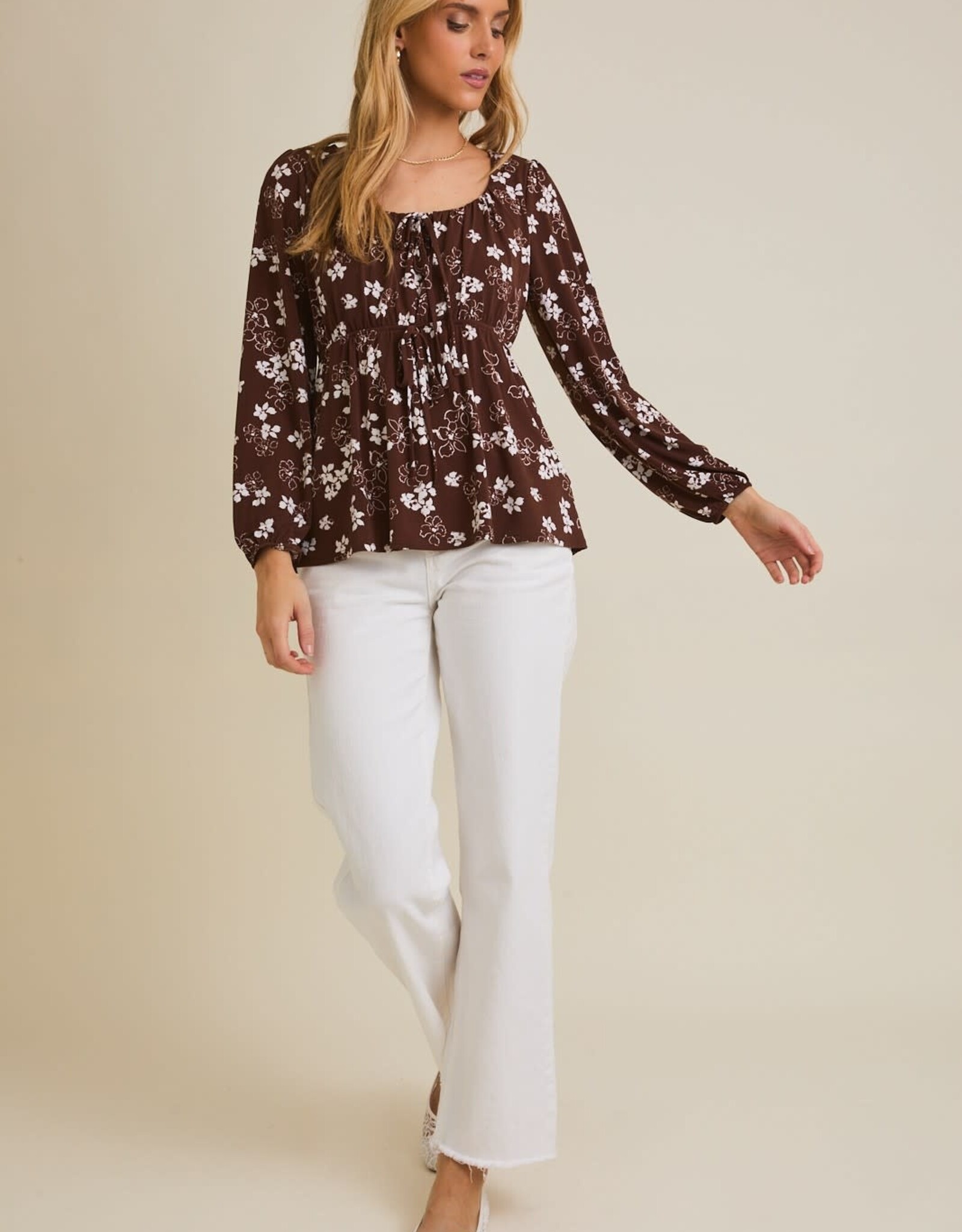 Miss Bliss Gilli Front Tie LS Floral Top-Brwn Crm Floral