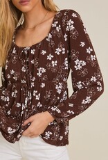Miss Bliss Gilli Front Tie LS Floral Top-Brwn Crm Floral