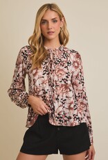 Miss Bliss Gilli Floral Front Tie Long Sleeve Flare Hem Top-Black/Brown