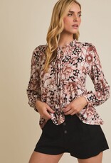 Miss Bliss Gilli Floral Front Tie Long Sleeve Flare Hem Top-Black/Brown