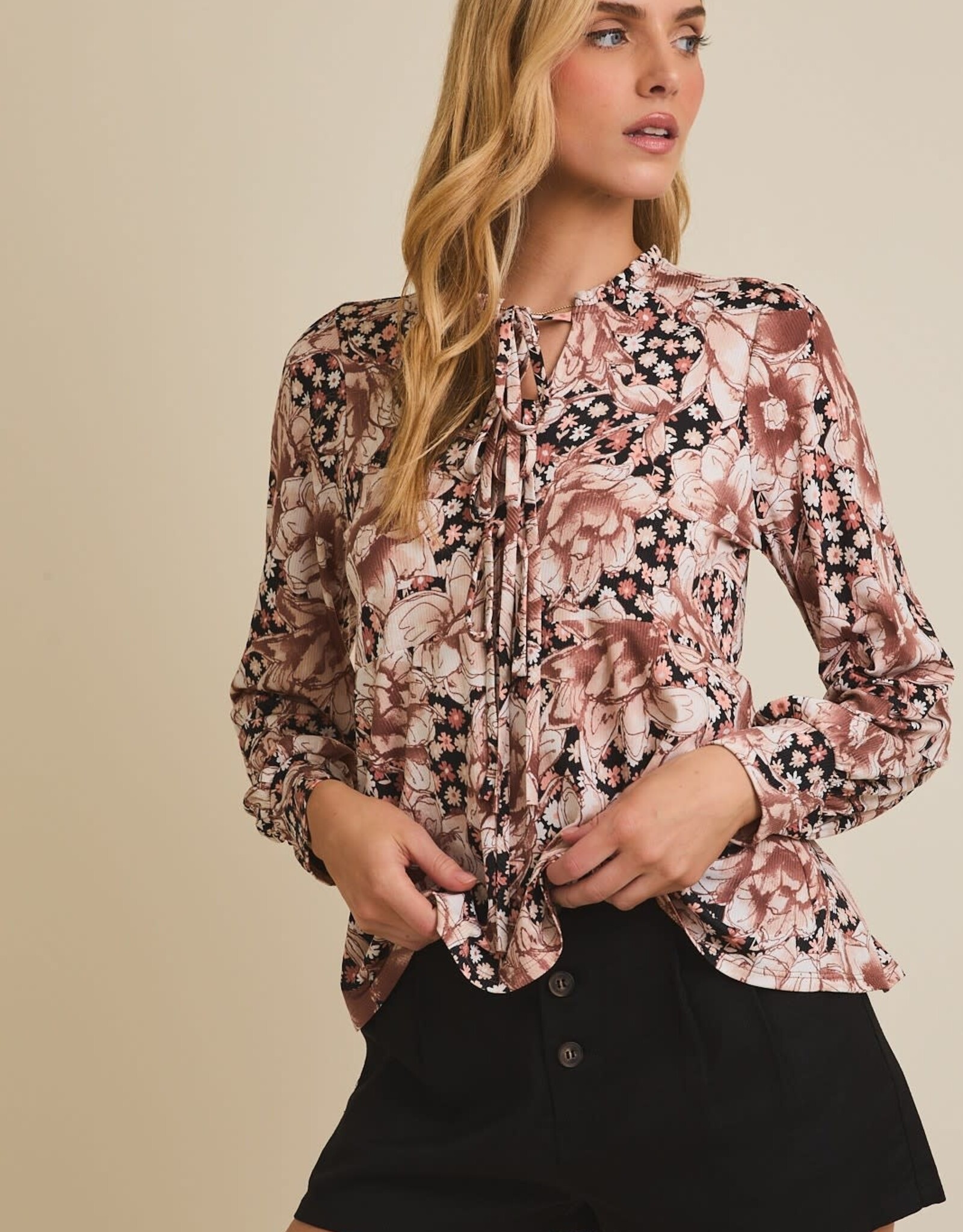 Miss Bliss Gilli Floral Front Tie Long Sleeve Flare Hem Top-Black/Brown