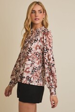 Miss Bliss Gilli Floral Front Tie Long Sleeve Flare Hem Top-Black/Brown