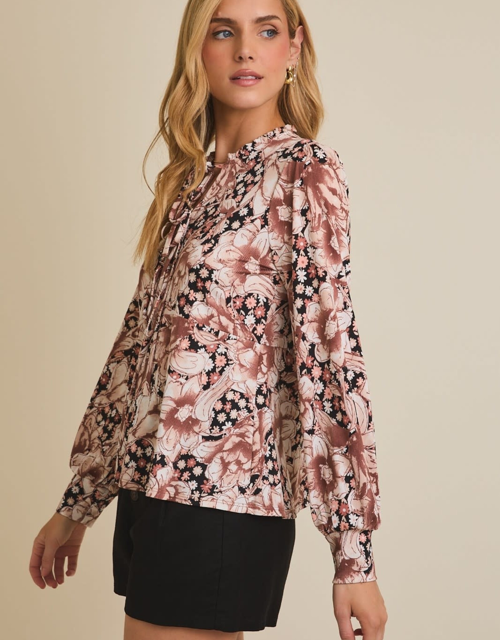 Miss Bliss Gilli Floral Front Tie Long Sleeve Flare Hem Top-Black/Brown
