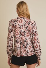 Miss Bliss Gilli Floral Front Tie Long Sleeve Flare Hem Top-Black/Brown