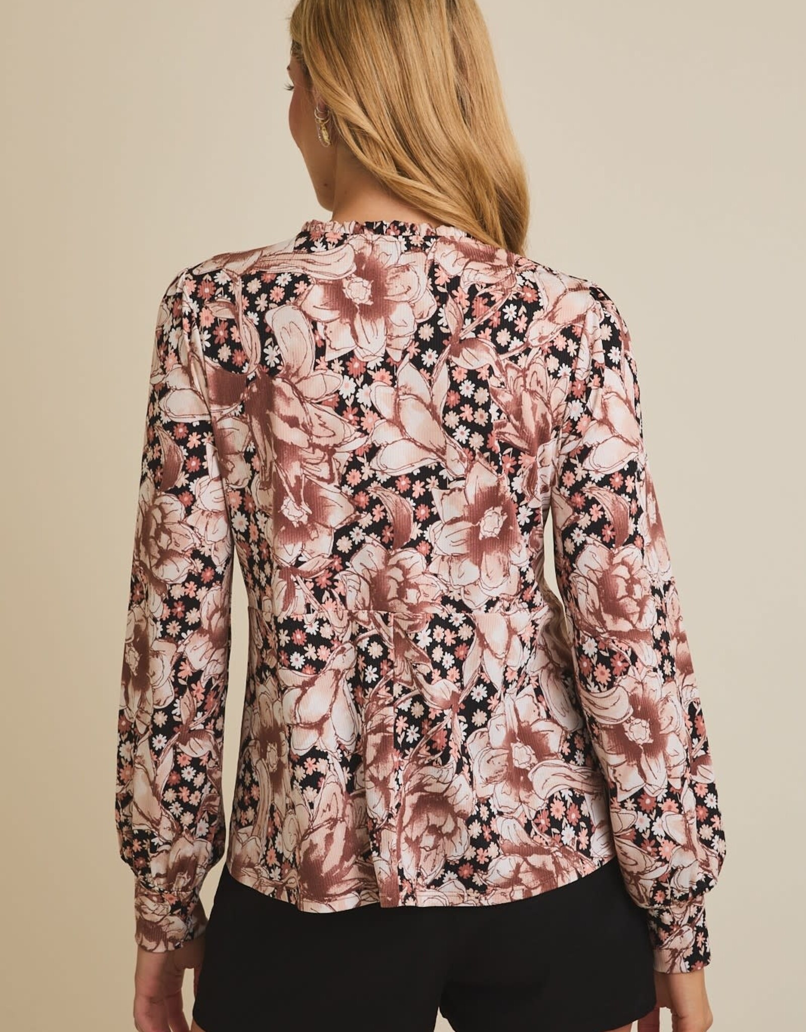Miss Bliss Gilli Floral Front Tie Long Sleeve Flare Hem Top-Black/Brown