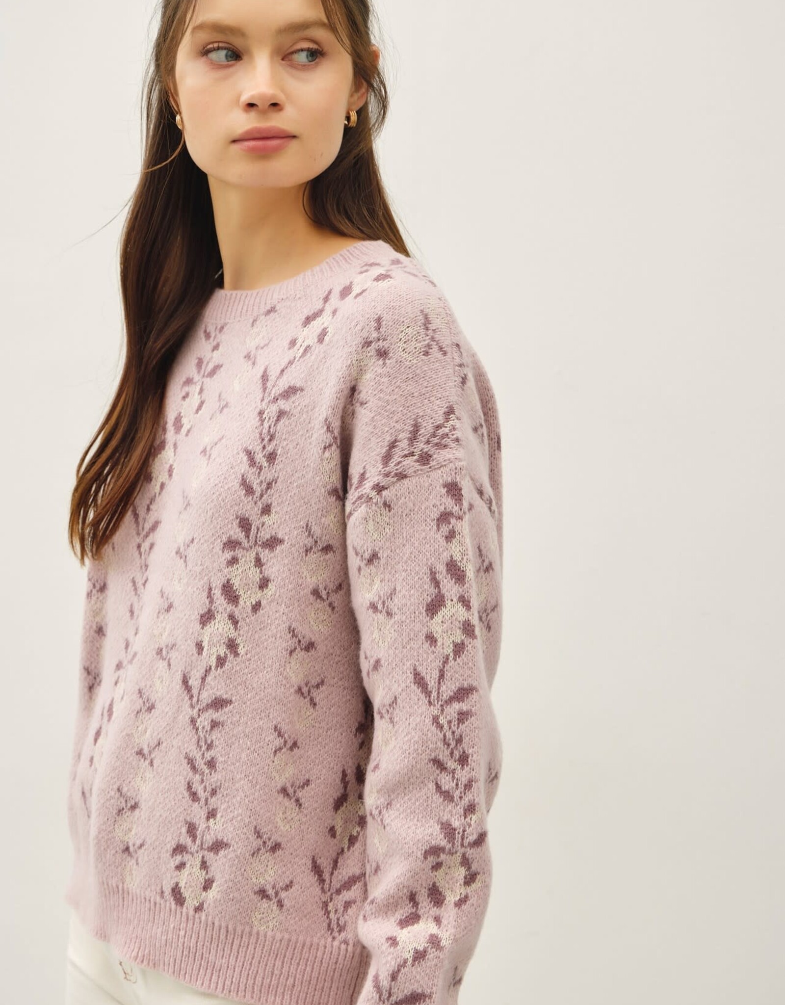 Miss Bliss BC Cozy Floral Jacquard Sweater Top-Blush