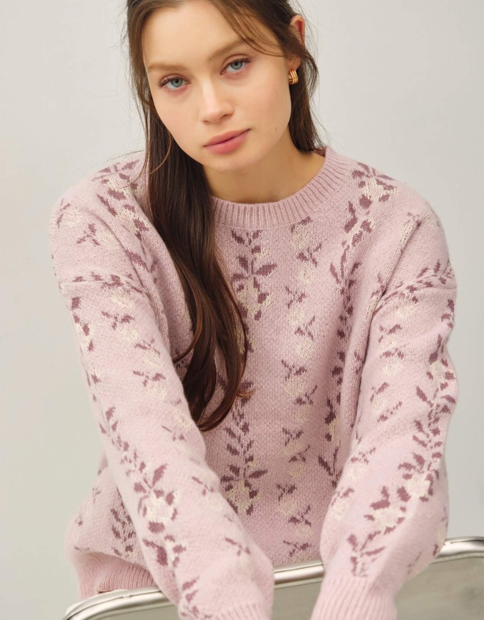 Miss Bliss BC Cozy Floral Jacquard Sweater Top-Blush