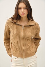 Miss Bliss BC Floppy Collared Cable Zip Up Sweater-Camel