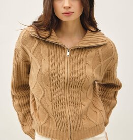 Miss Bliss Floppy Collared Cable Zip Up Sweater-Camel